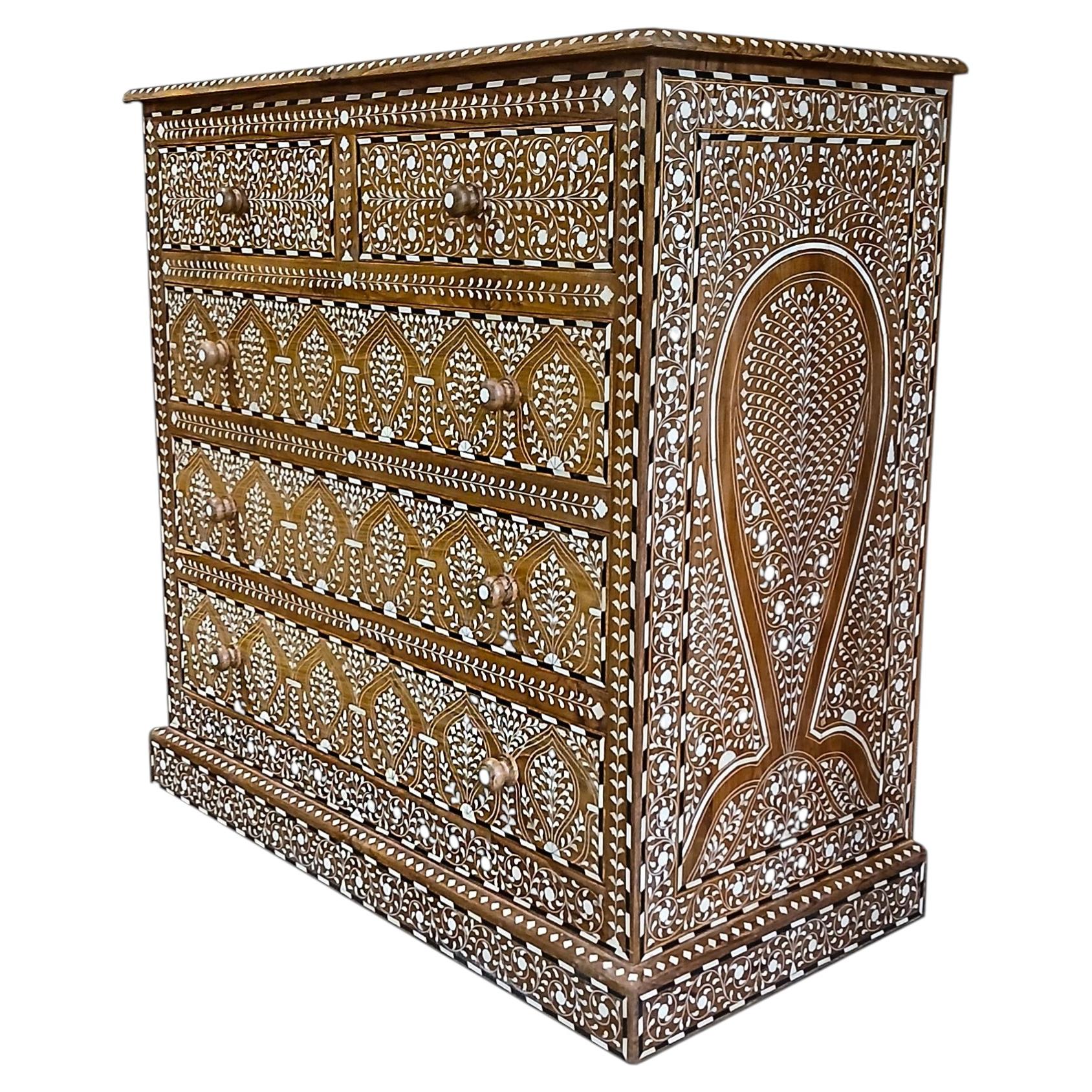 Handcrafted Inlaid Teak Chest of Drawers, Buffalo Bone Inlays, India