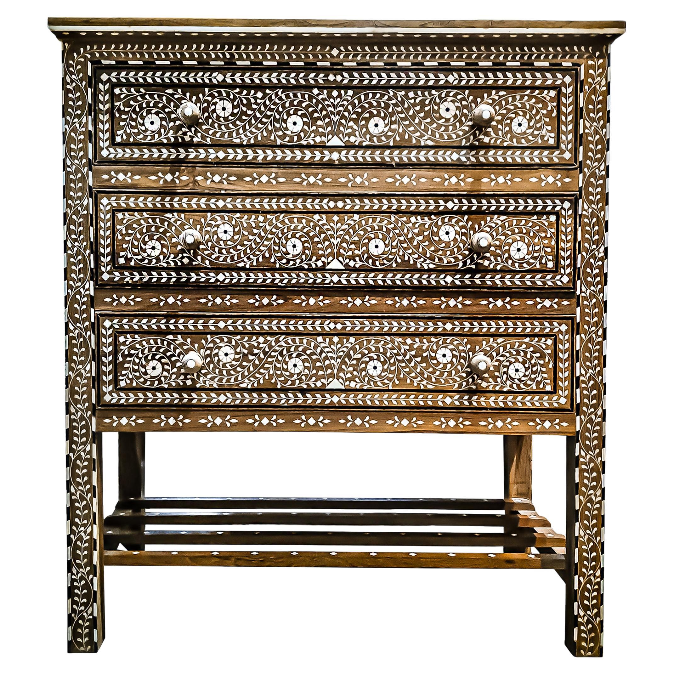 Handcrafted Anglo-Indian Teak Chest of Drawers with Bone Inlay, India