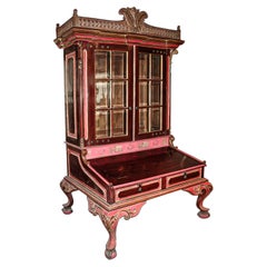 19th Century Dutch Colonial Secretary with Carved Wood and Glass Doors