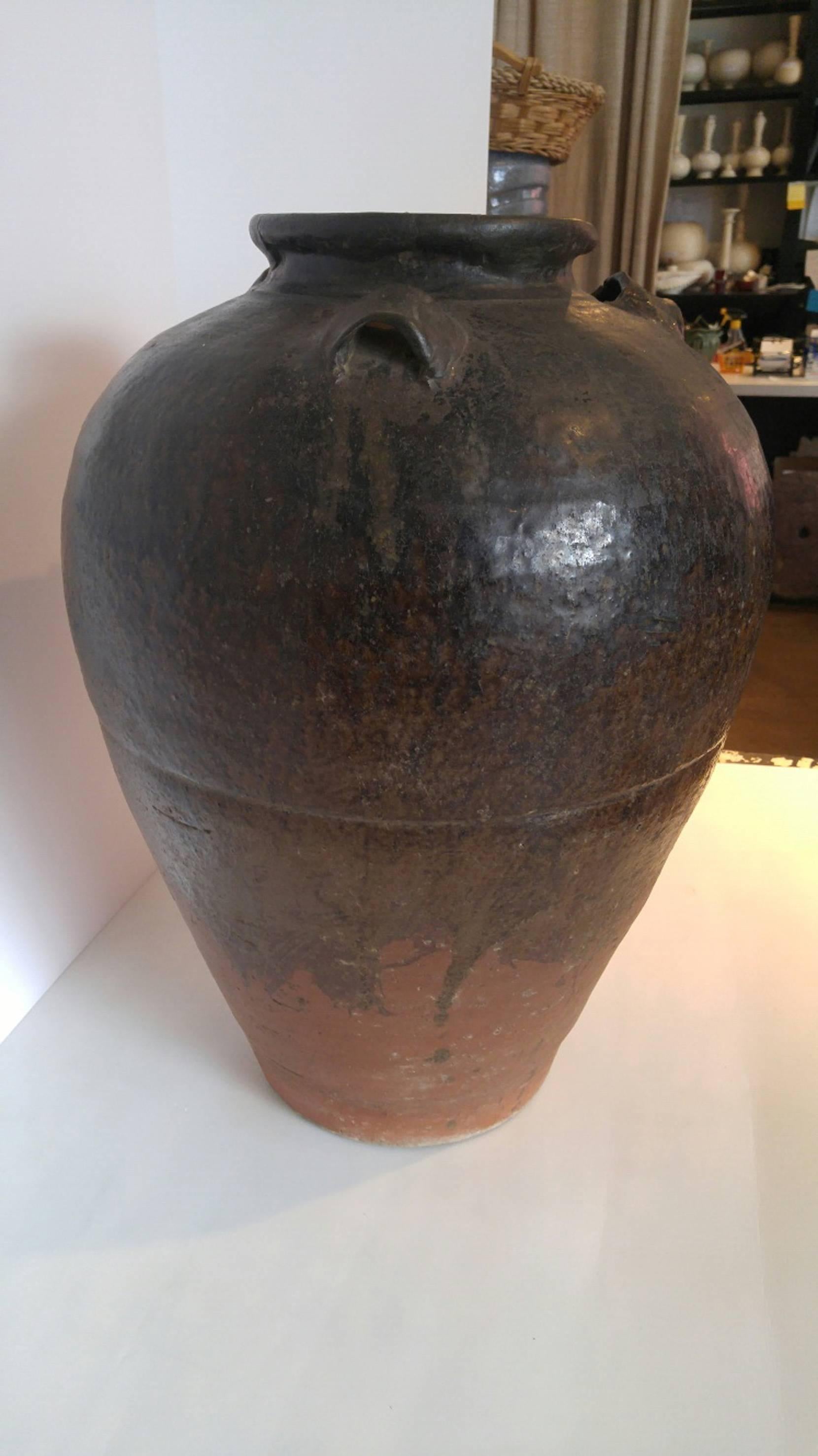 Indian Large Clay Pot or Vase in a Dark Glaze