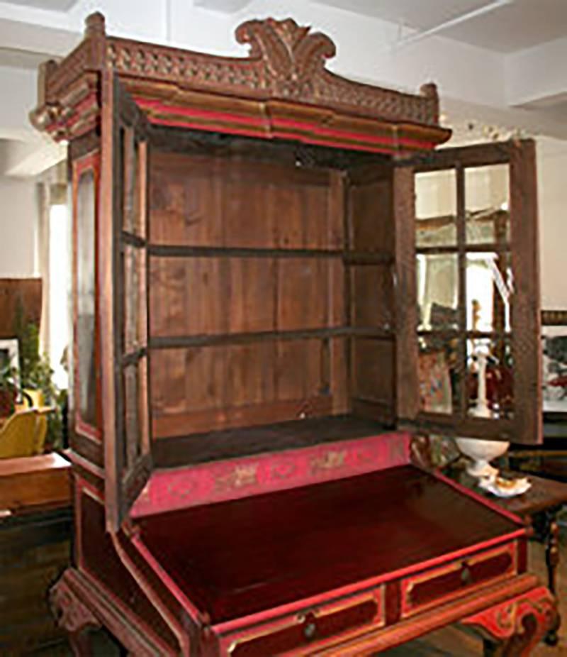 British Colonial Tall Antique Indonesian Secretary with Glass Panels For Sale
