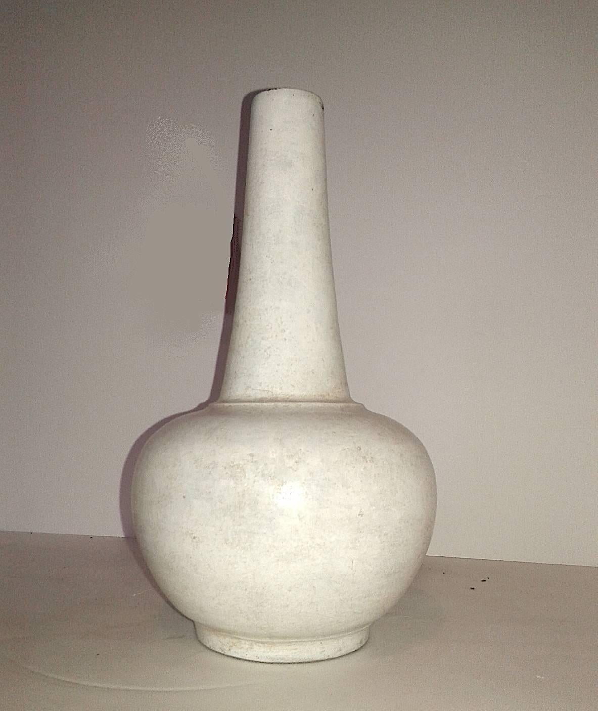 Glazed Ceramic Vase with White Glaze and Long Neck