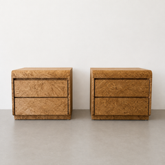 1970s Mid-Century Modern Walnut Burlwood Two-Drawer Nightstands, Pair