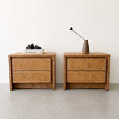1970s Walnut Burlwood Nightstands with Cane Fronts MCM