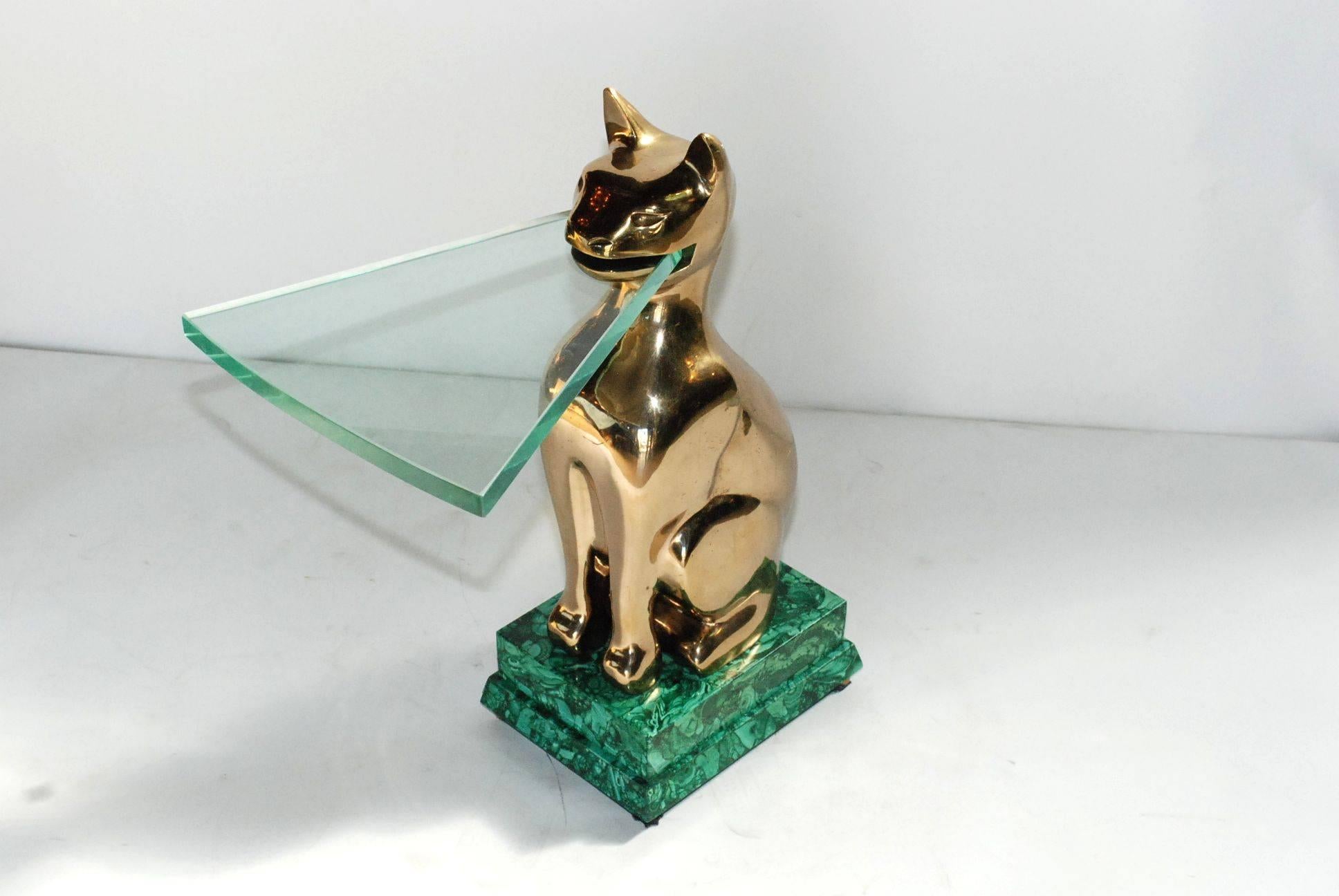 1984 signed and dated bronze cat with malachite base sculptural side table with 1