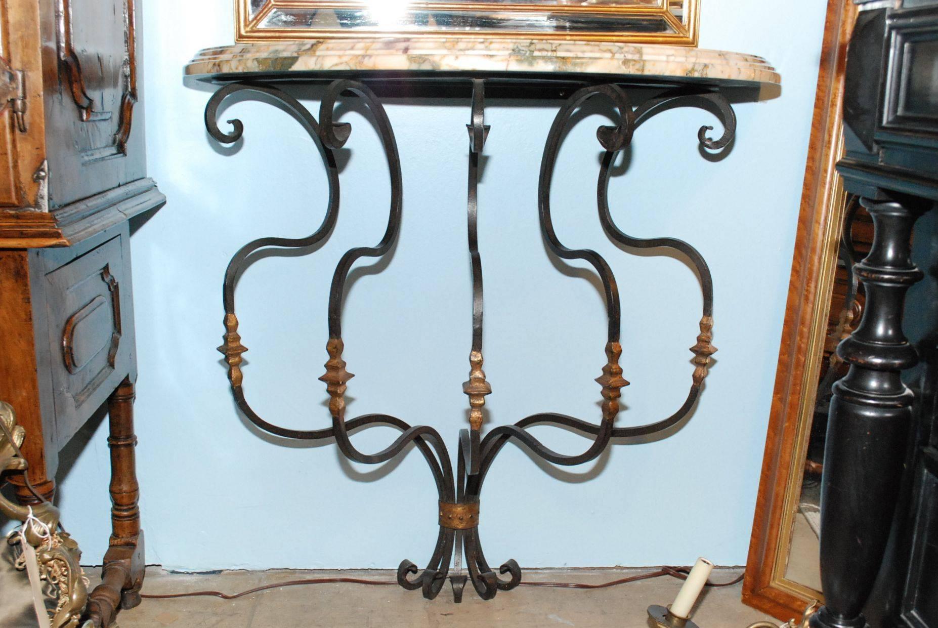 Breccia Marble Pair of Italian Rococo Style Iron Console Tables