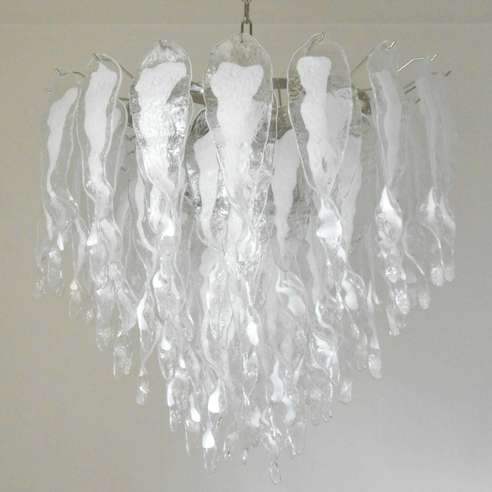 Mid-Century Modern Mazzega Clear and White Bent Leaves Cake Chandelier