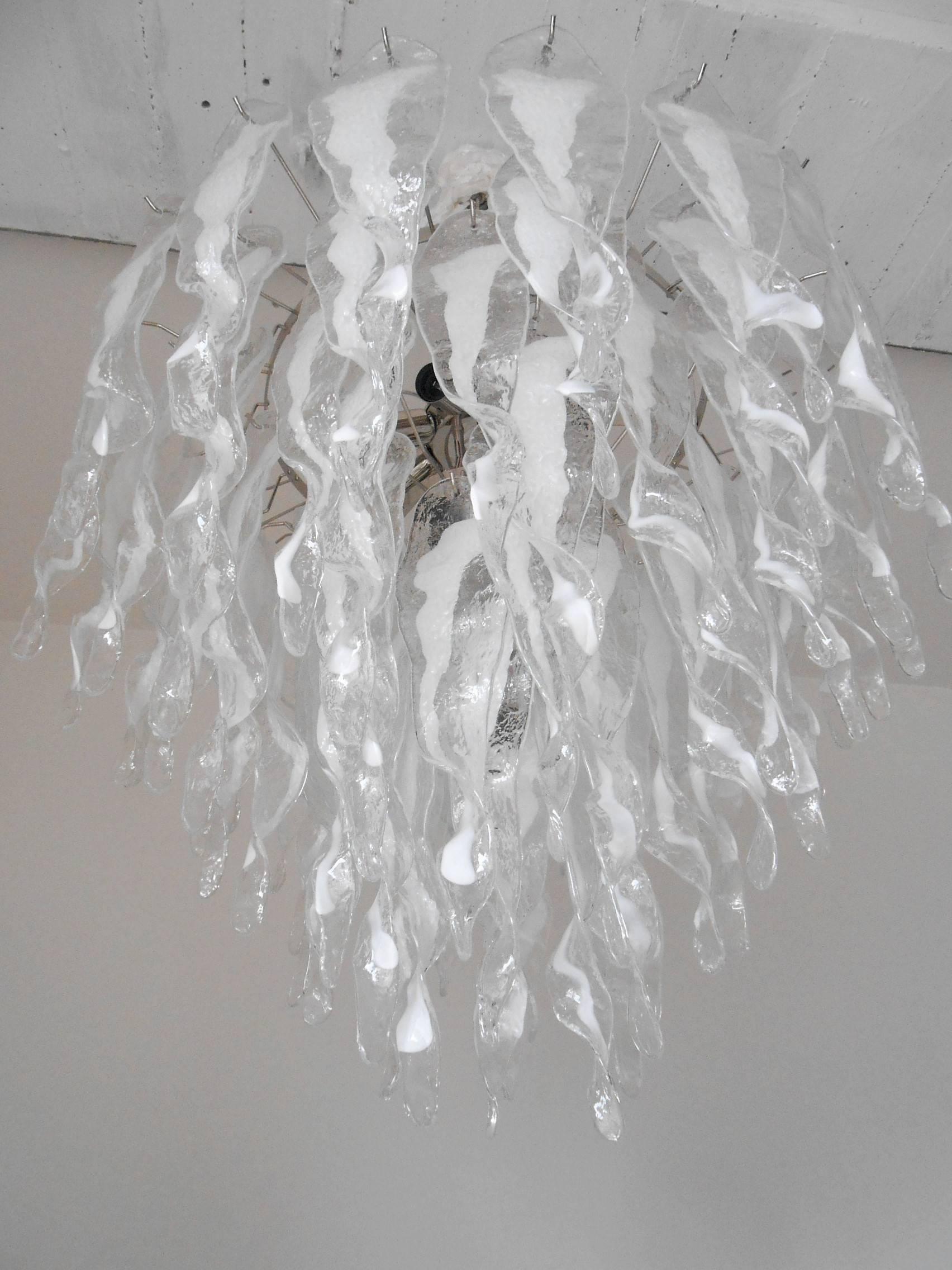 Italian Mazzega Clear and White Bent Leaves Cake Chandelier