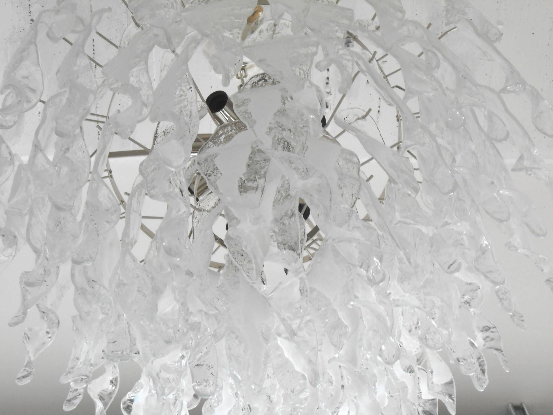 Mid-20th Century Mazzega Clear and White Bent Leaves Cake Chandelier