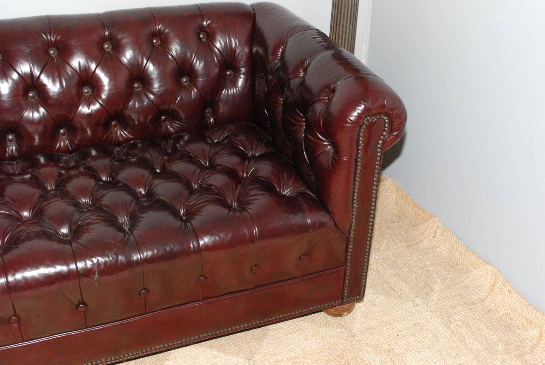 Mid-Century Modern Burgundy Leather Chesterfield Sofa