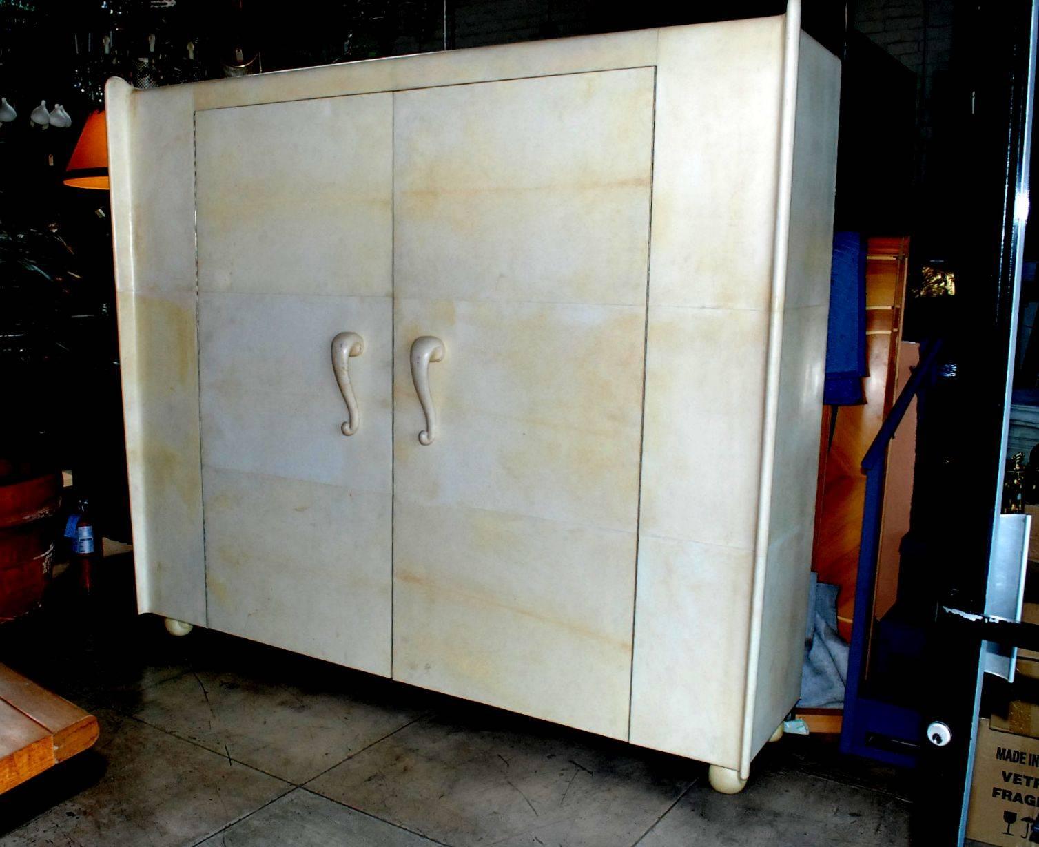Elegant large Art Deco French armoire cover with goatskin. (no shelves inside cabinet)