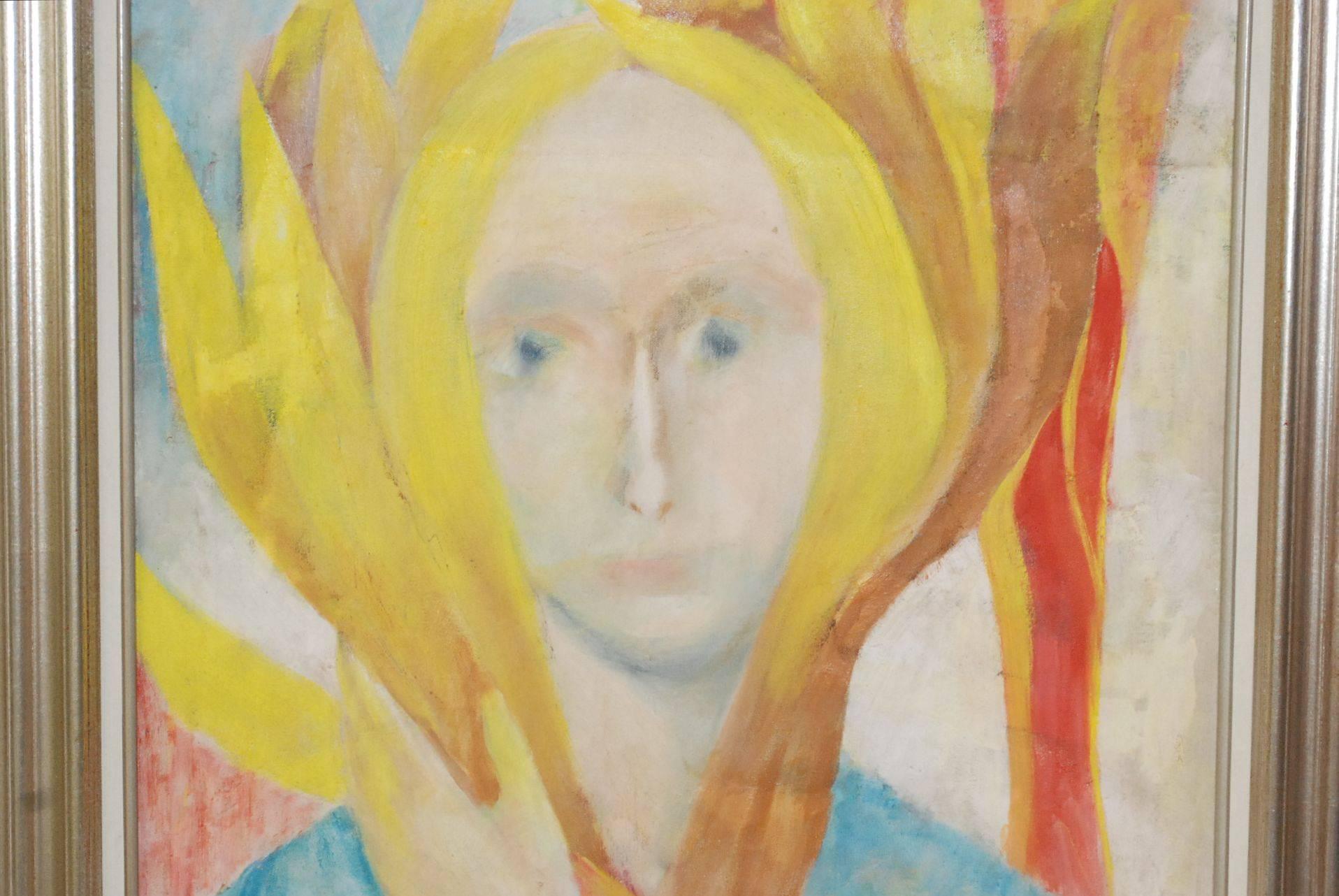 1960s oil on canvas painting of woman portrait signed by Louis Wolchonok. (American/New York 1893-1973) Please note: One small repair see details pictures. Louis Wolchonok studied at National Academy of Design, Cooper Union Art School, City College