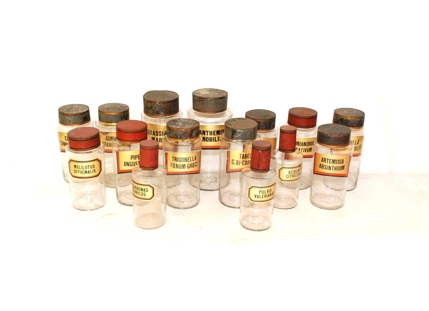 Late 19th century early 1900s rare set of 15 pharmacy glass jars with gold leaf details and zinc cover.

Here dimensions:
Total 15.

2 = height: 12