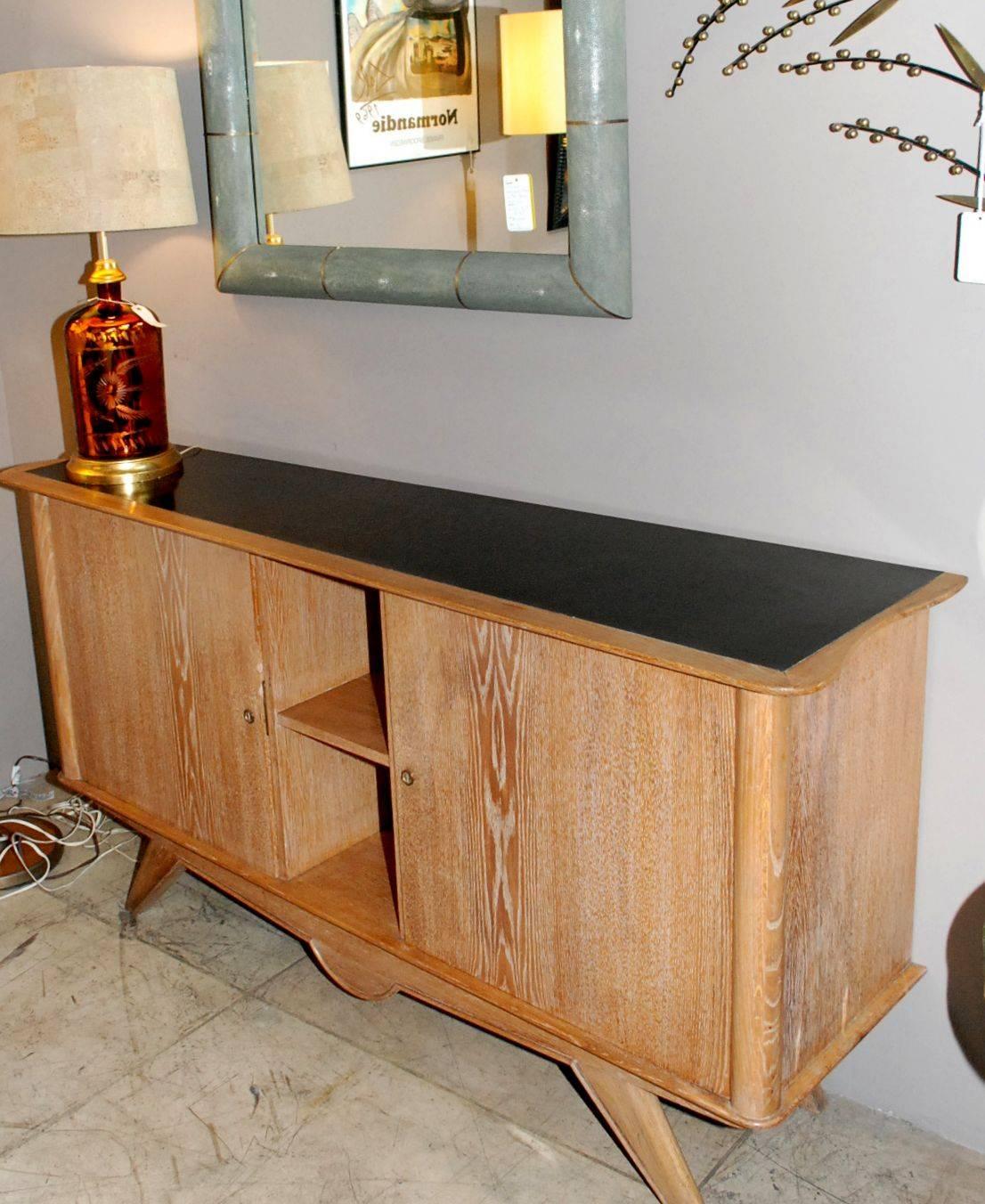 French two doors cerused on oak and black laminate top sideboard. Please note: Depth is right side is 19