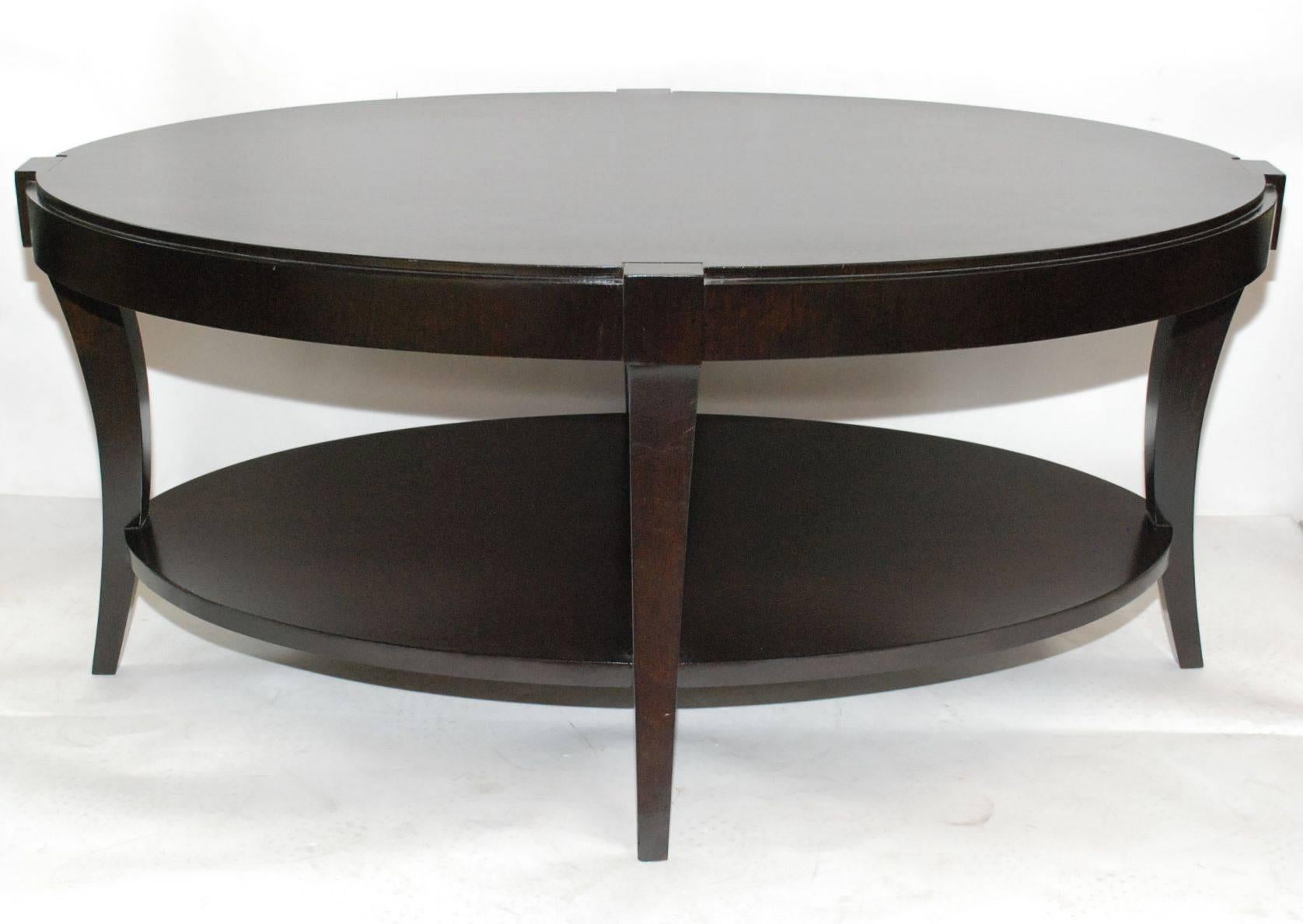 Great oval dark walnut finish on solid oak coffee table design by Barbara Barry for Baker Company. (Original stamped).