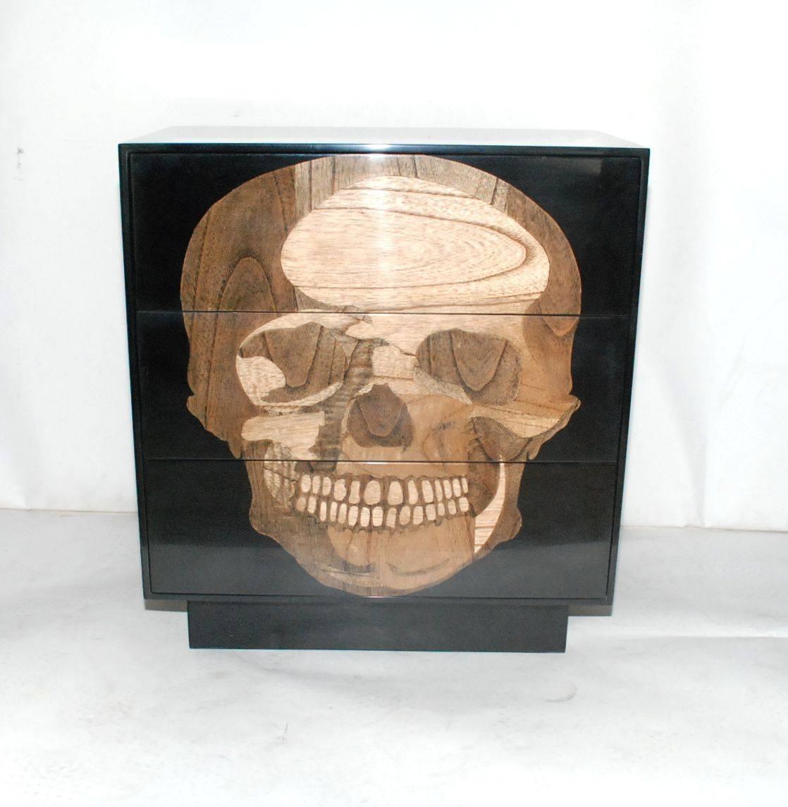 Pair of exotic wood inlay "skull" three drawers with resin finish sculptural side chests.