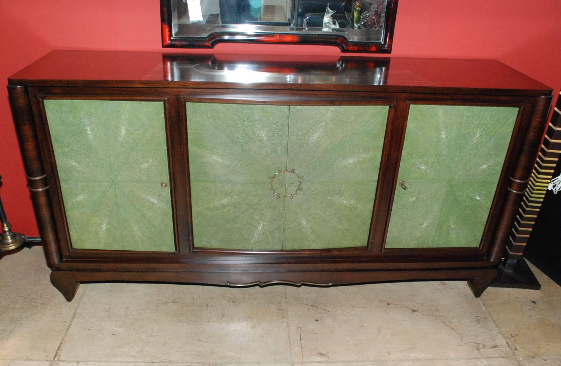 Late 1940s French parquetry top with four doors cover with original green shagreen sideboard. Bronze hardware. Inside buffet made of bleach sycamore. (One long shelf and draw).
