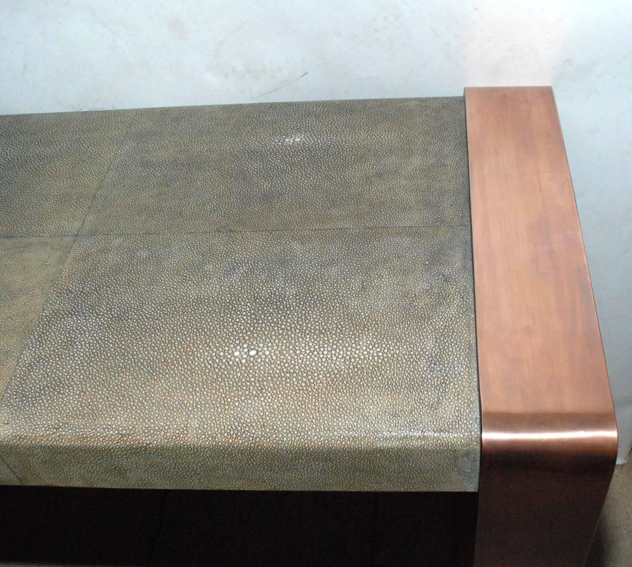 Shagreen Console Table with Copper Details In Good Condition In Cathedral City, CA