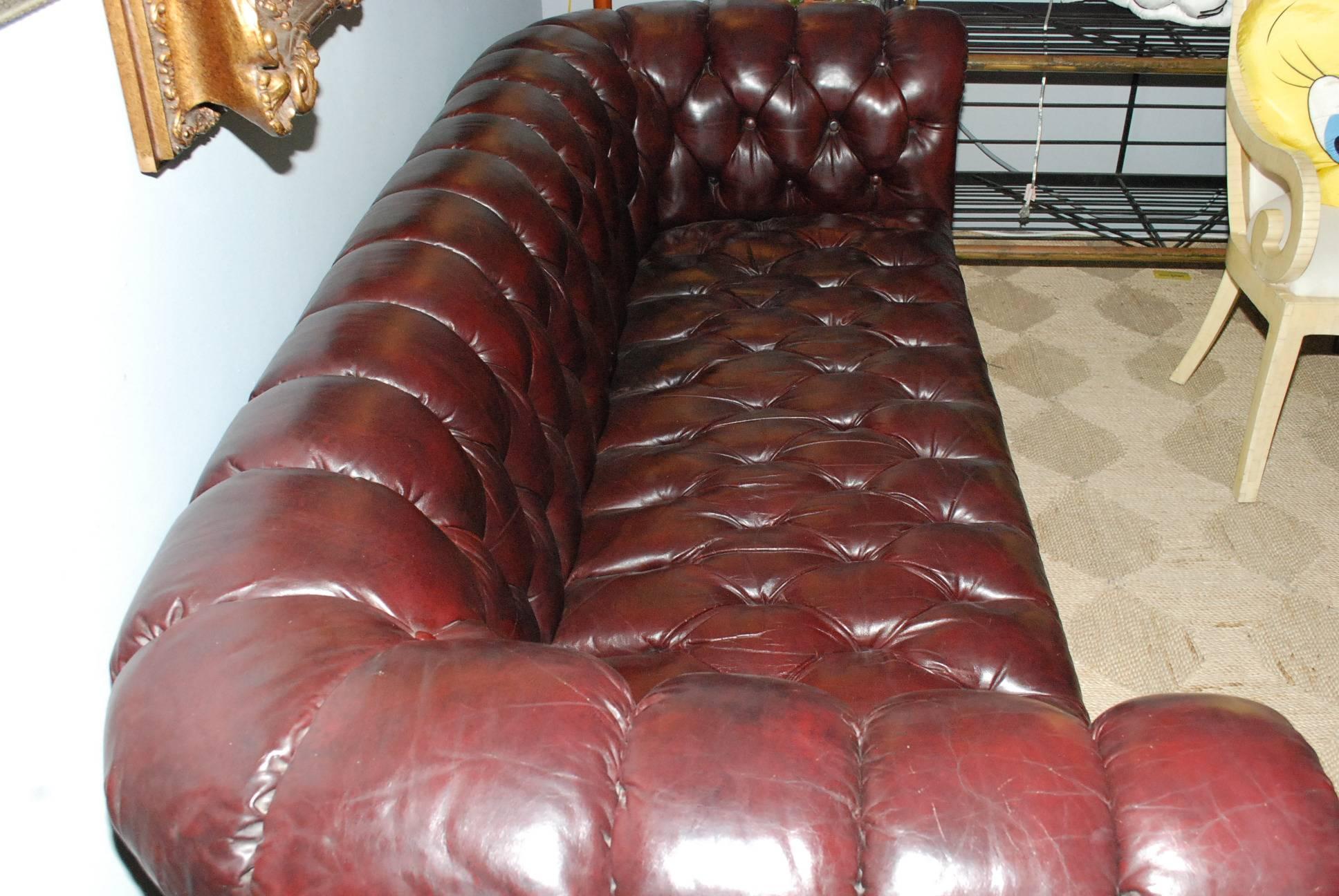 American 1960s Burgundy Leather Chesterfield Sofa