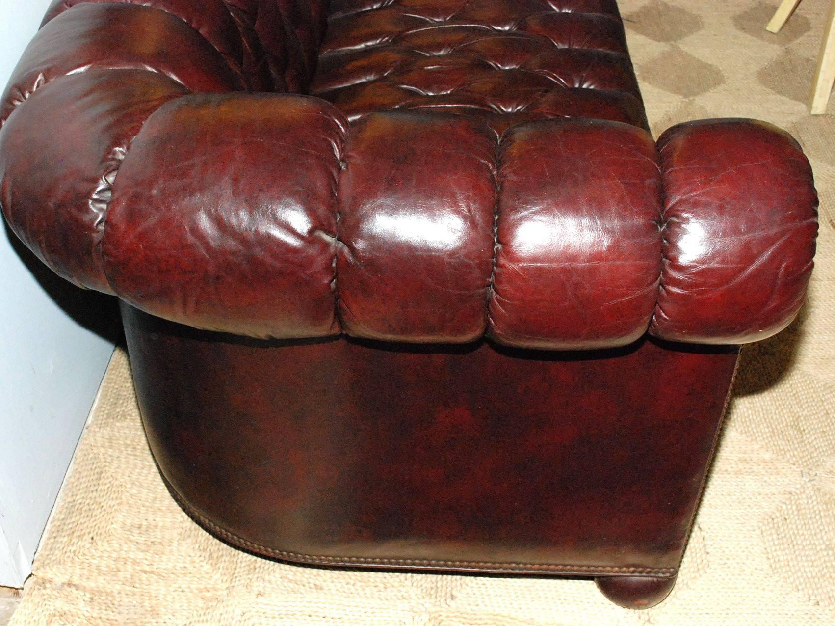 1960s Burgundy Leather Chesterfield Sofa In Good Condition In Cathedral City, CA
