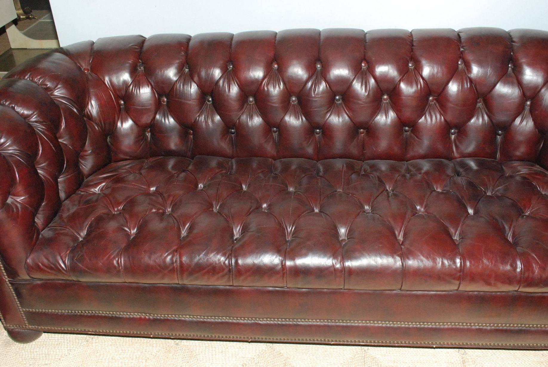 Mid-20th Century 1960s Burgundy Leather Chesterfield Sofa