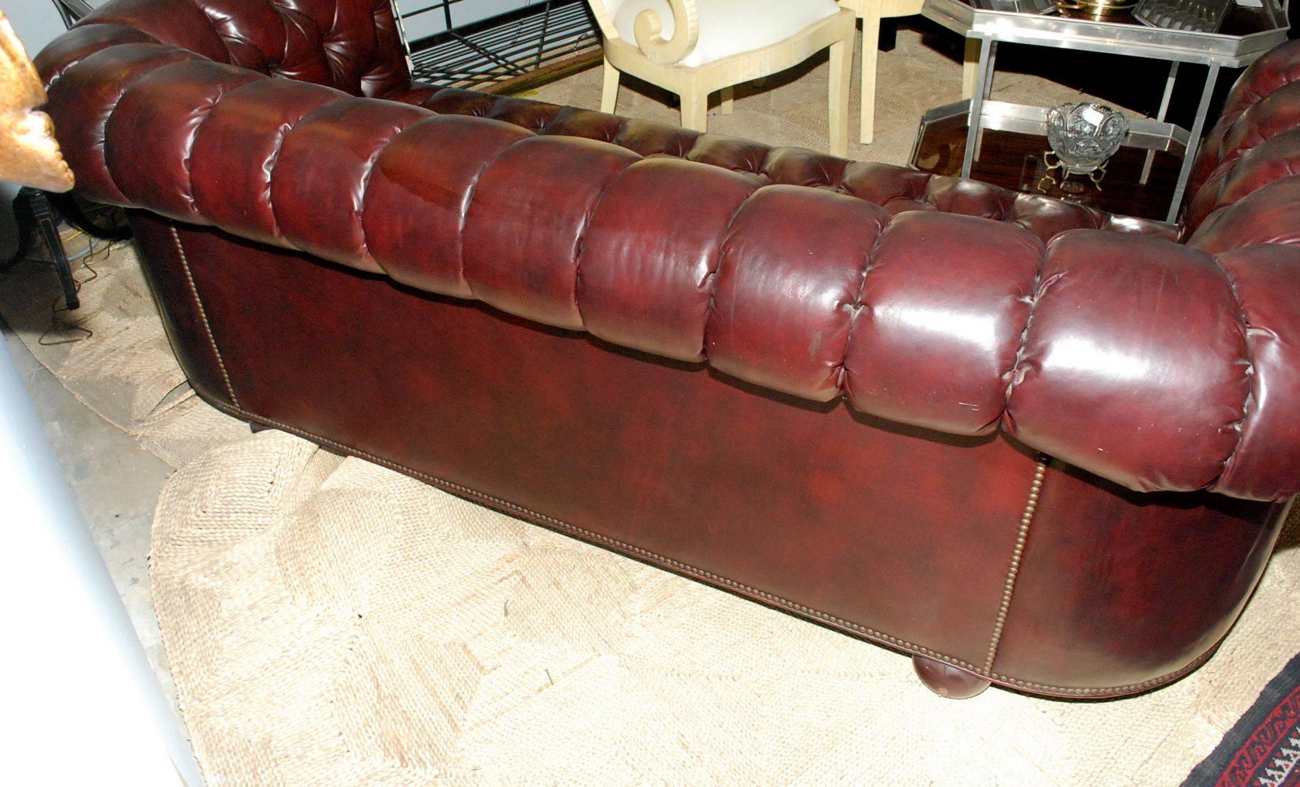 1960s Burgundy Leather Chesterfield Sofa 1