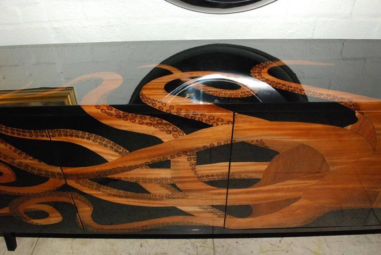 Lacquered and Wood Inlay Octopus Design Credenza at 1stDibs