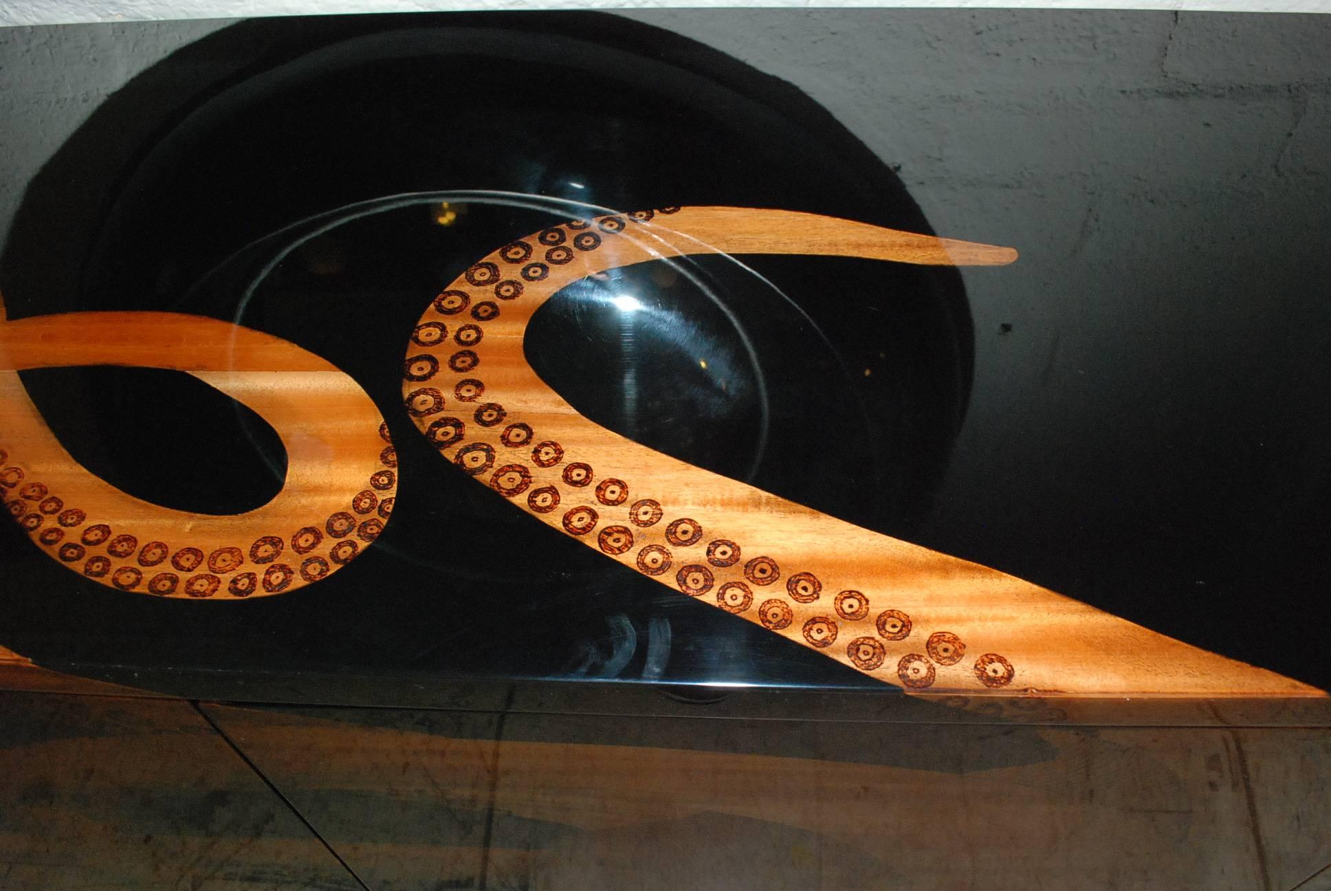 American Lacquered and Wood Inlay Octopus Design Credenza