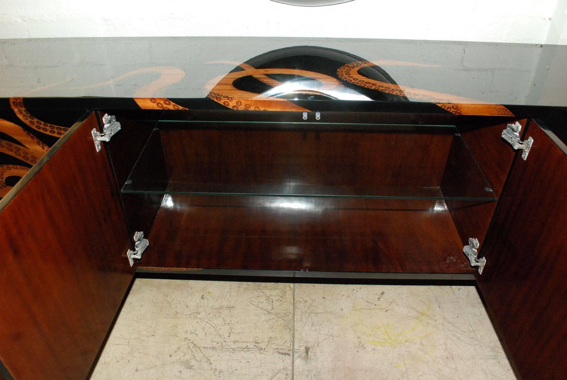 Contemporary Lacquered and Wood Inlay Octopus Design Credenza