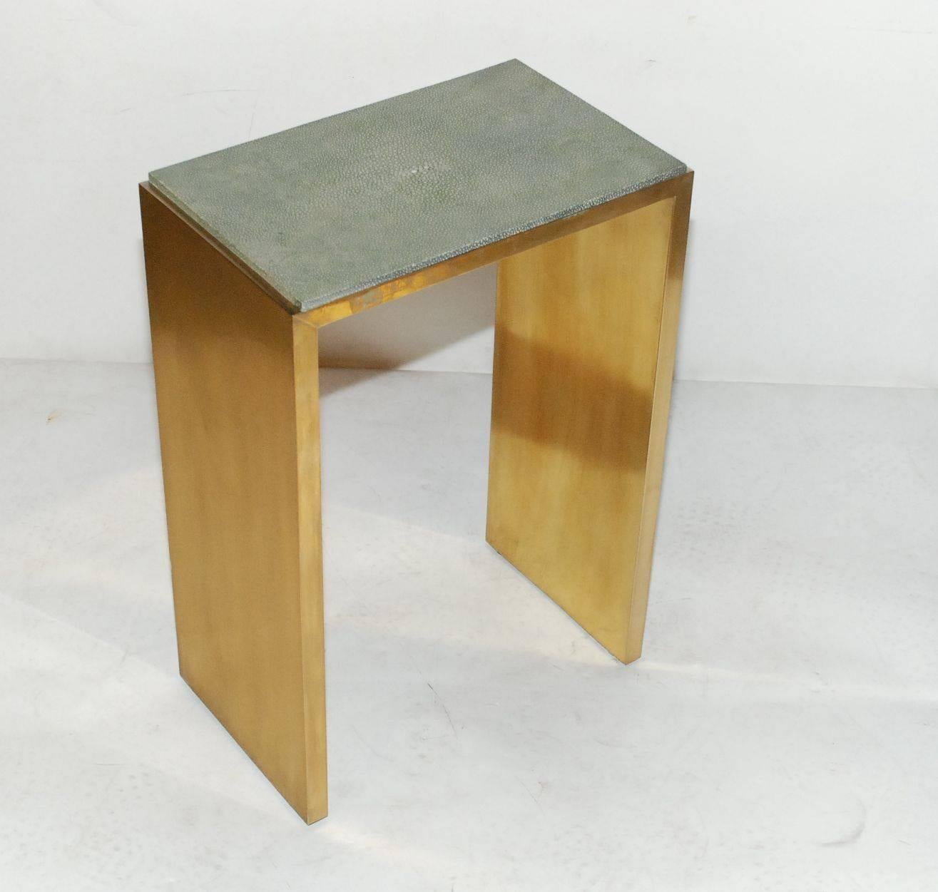 1980s pair of brass end tables with shagreen top. Price individually.