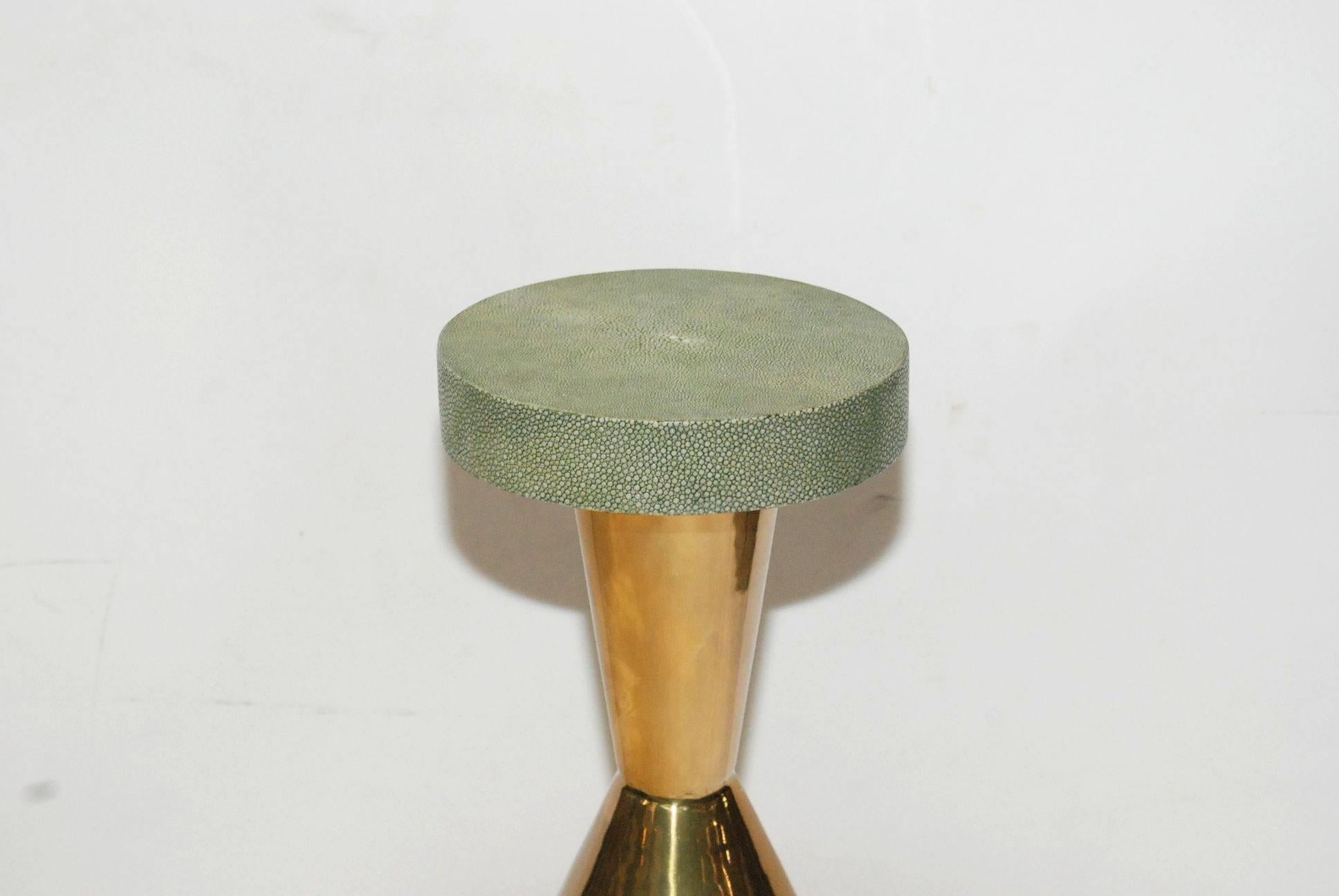 Great solid brass round side or drink tables with light green shagreen top. Dia of top 8