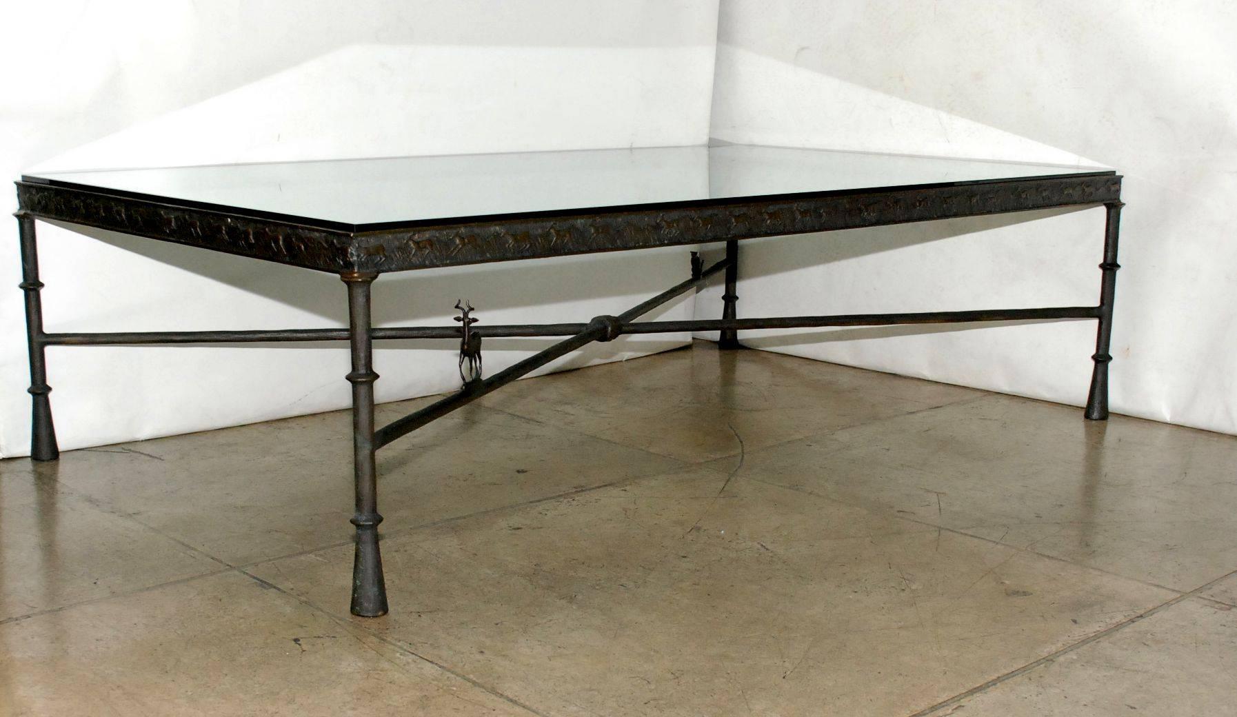 Great solid bronze with antelope details coffee table signed By Tom Corbin. Please note: New clear glass top 1/2