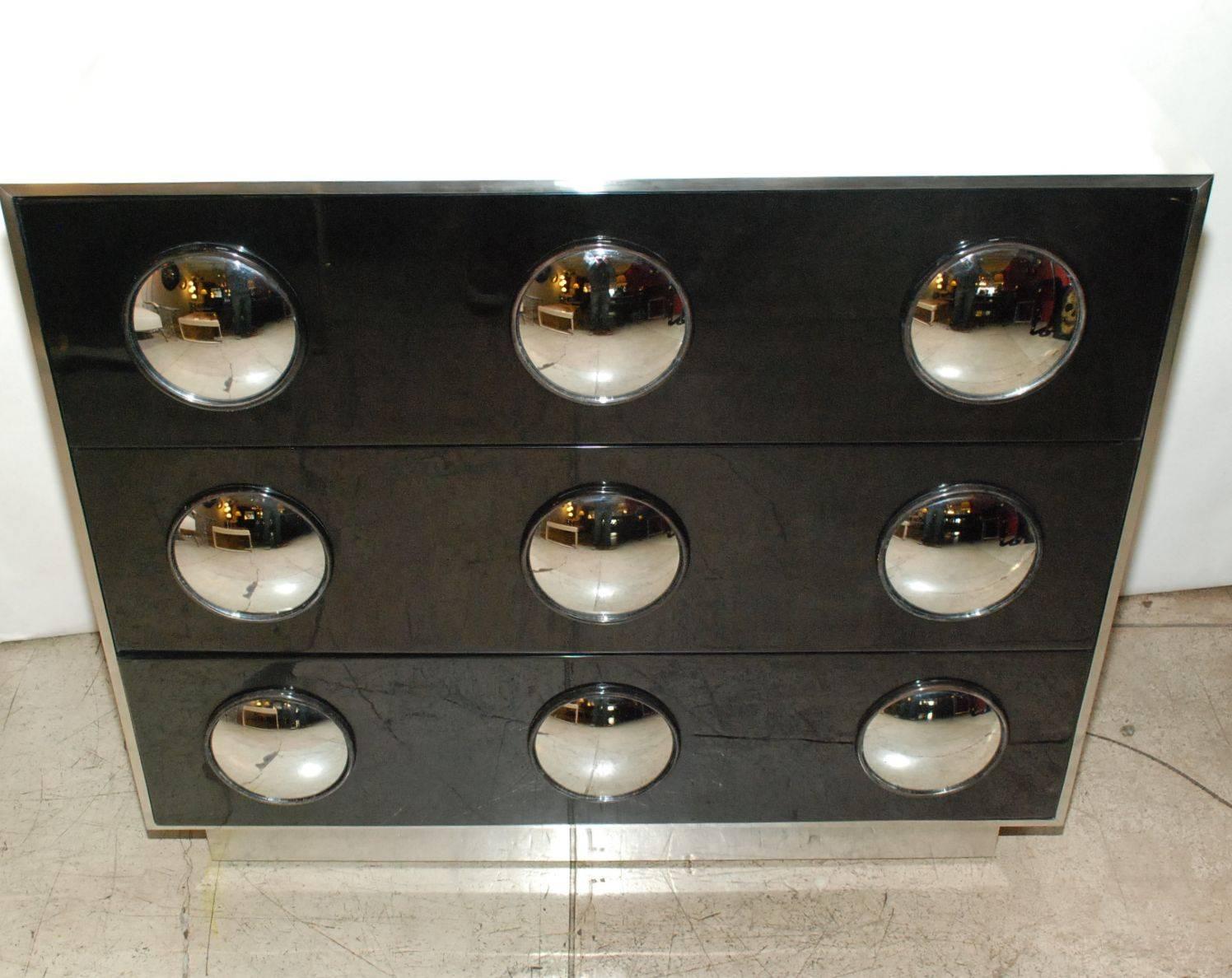 Mid-Century Modern Pair of Parchment and Convex Mirror Chest of Drawers