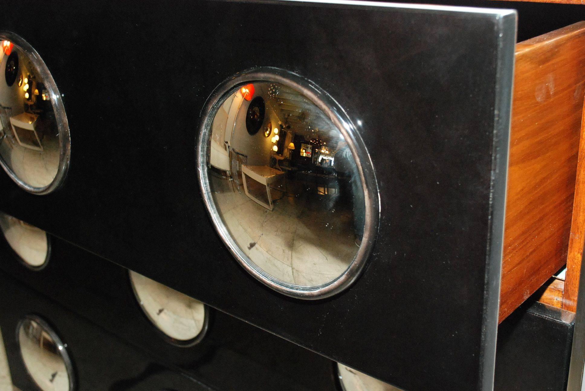 Contemporary Pair of Parchment and Convex Mirror Chest of Drawers