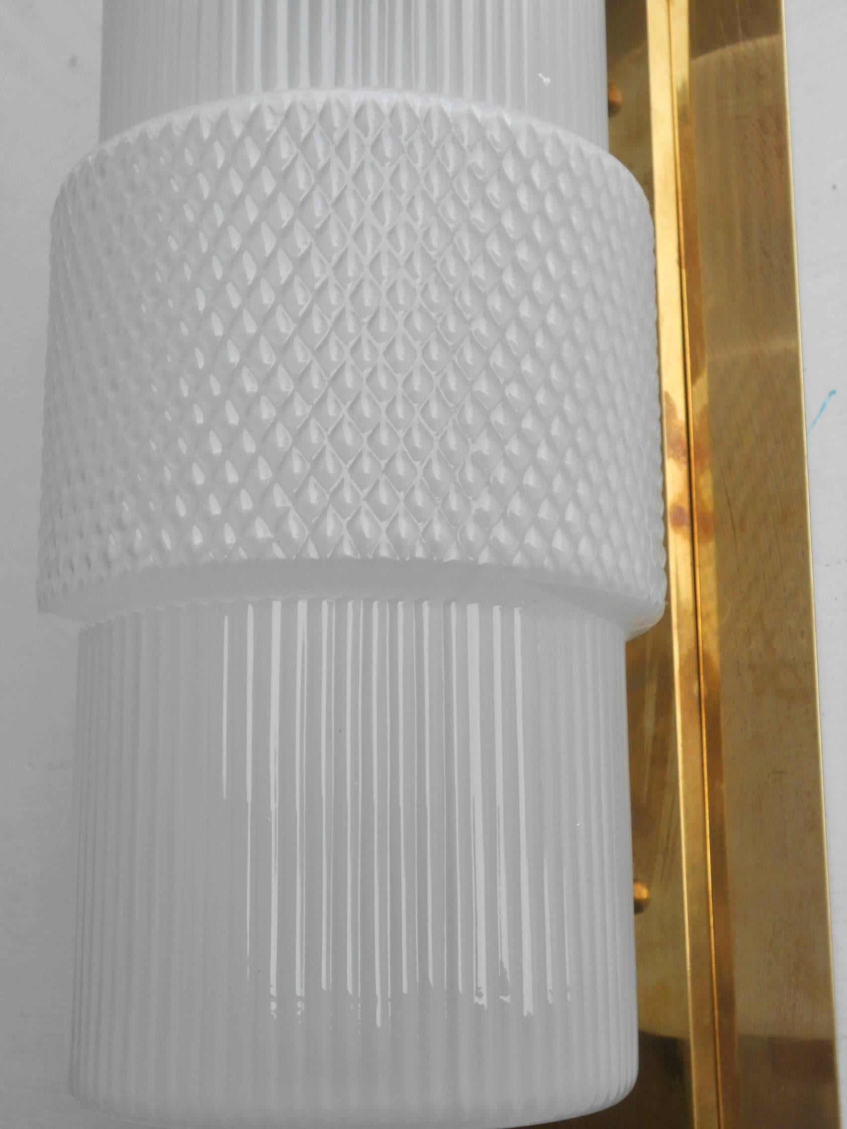 Mid-Century Modern Pair of Murano Frosted Glass and Brass Sconces