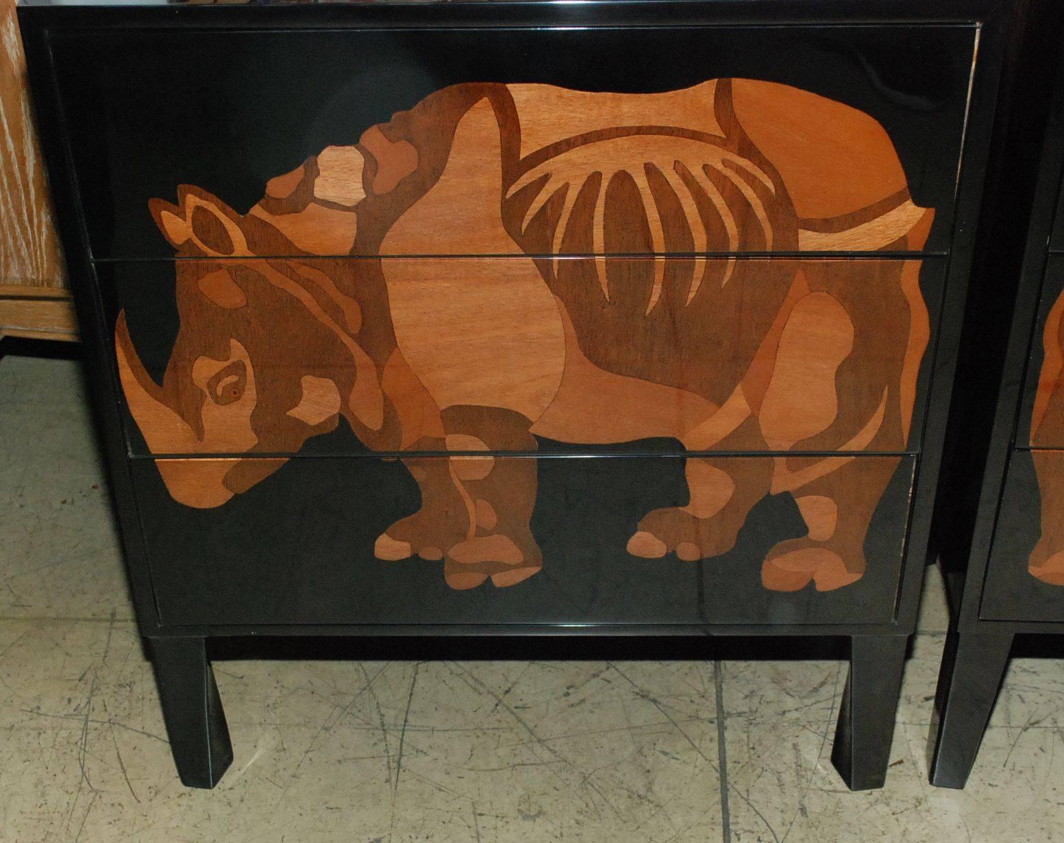 American Pair of Lacquered and Wood Inlay Rhino Design Chest of Drawers