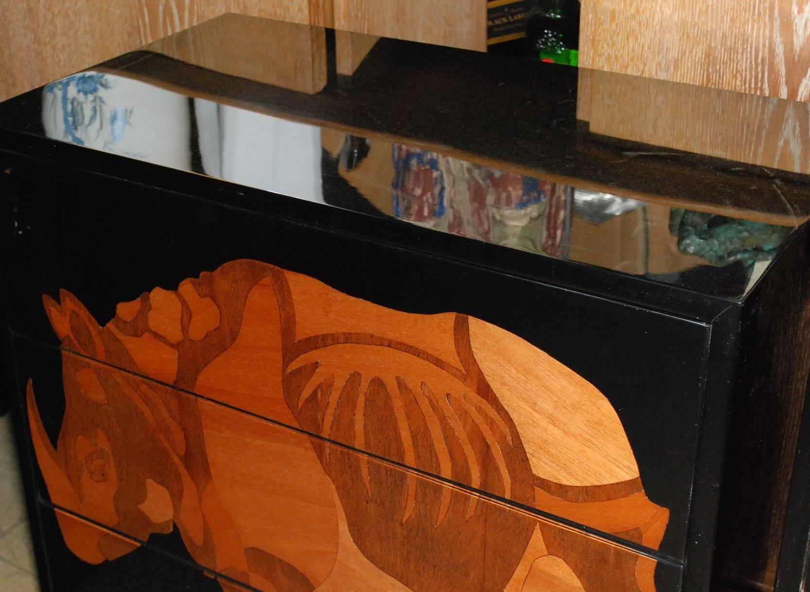 Resin Pair of Lacquered and Wood Inlay Rhino Design Chest of Drawers