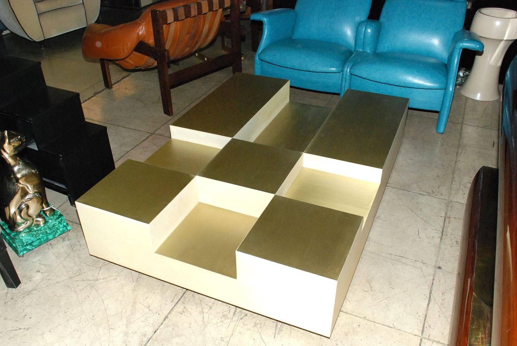 Elegant large coffee table cover with natural parchment with brass details.