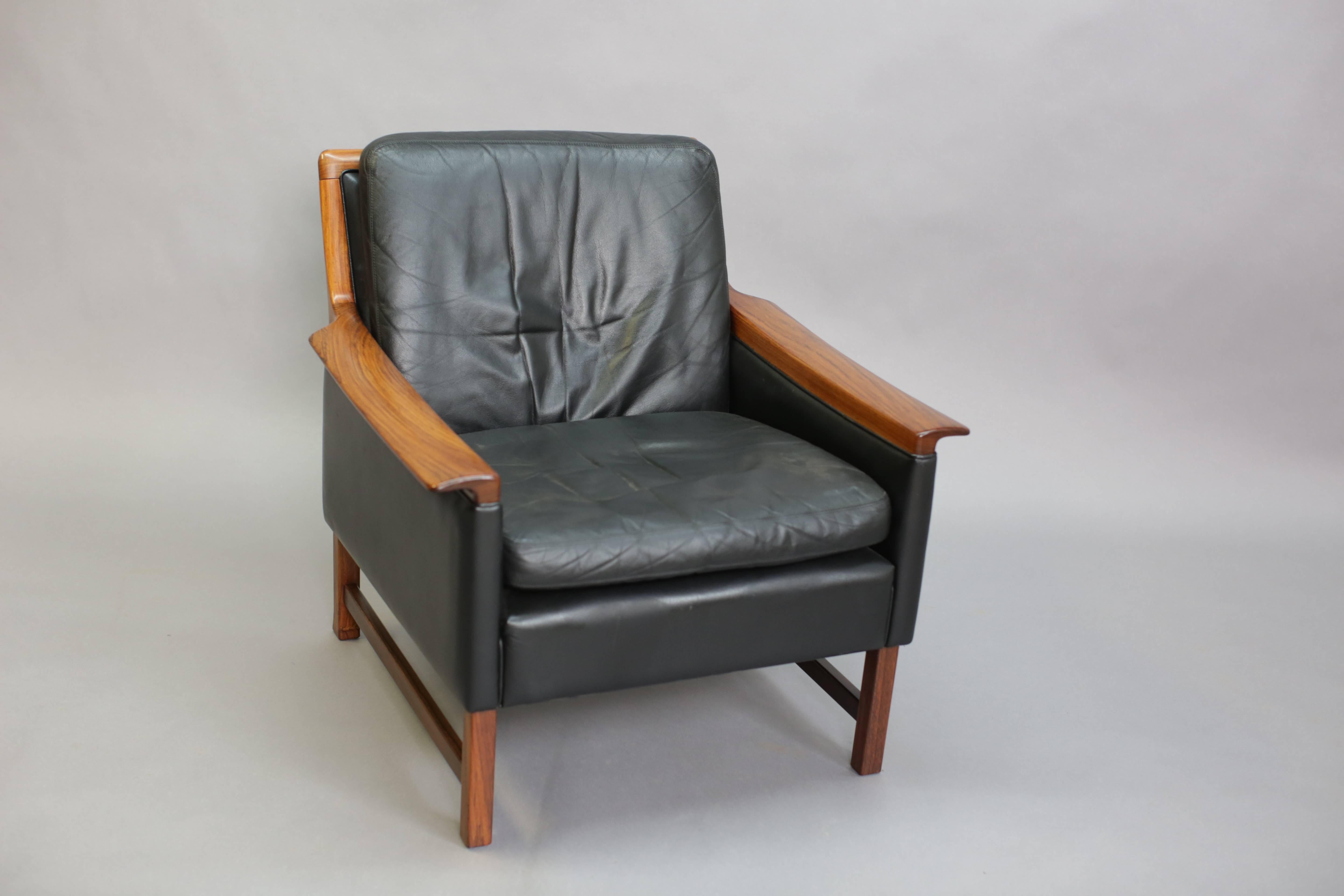 Scandinavian Modern Torbjørn Afdal Black Leather Club Chairs, Pair