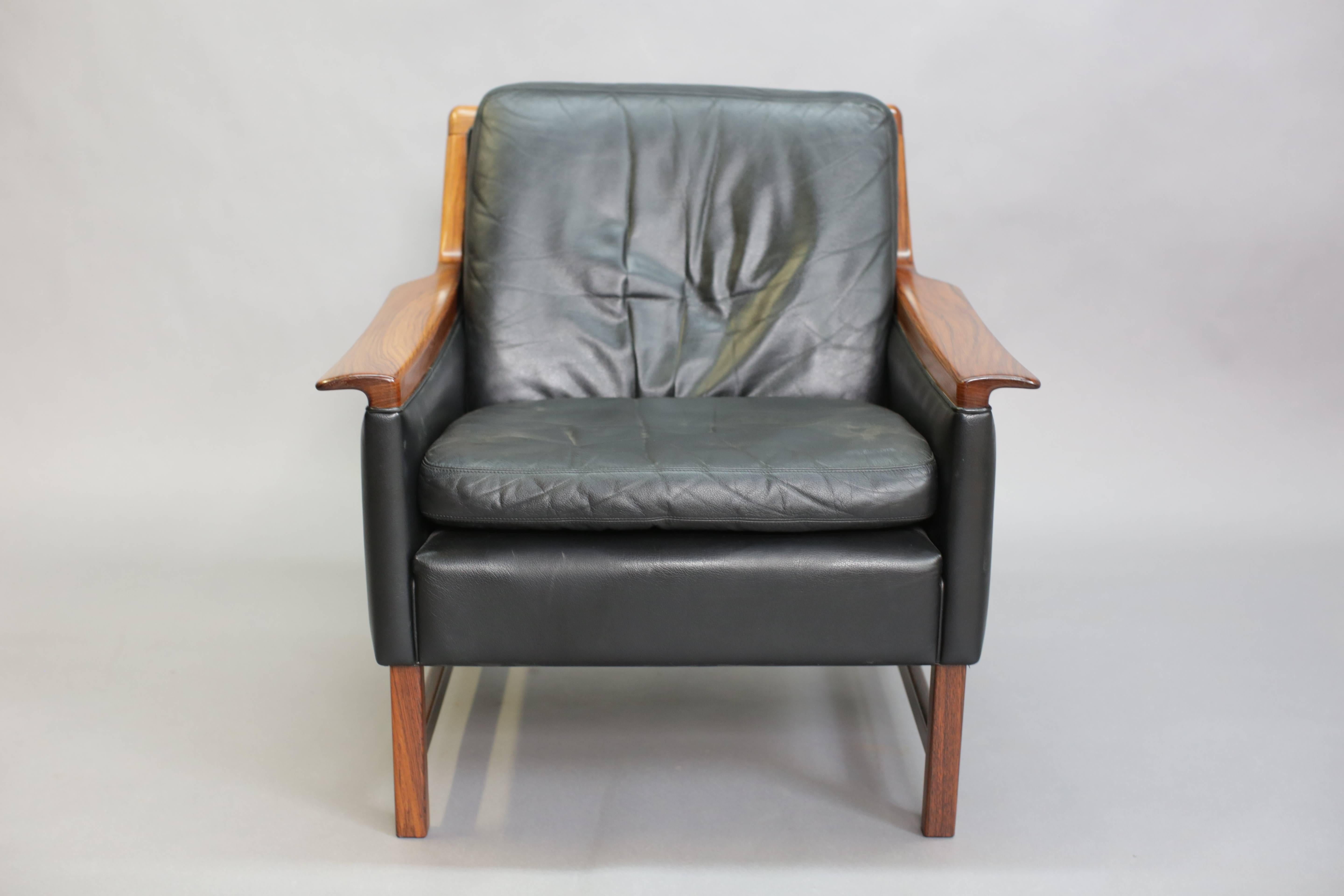Danish Torbjørn Afdal Black Leather Club Chairs, Pair