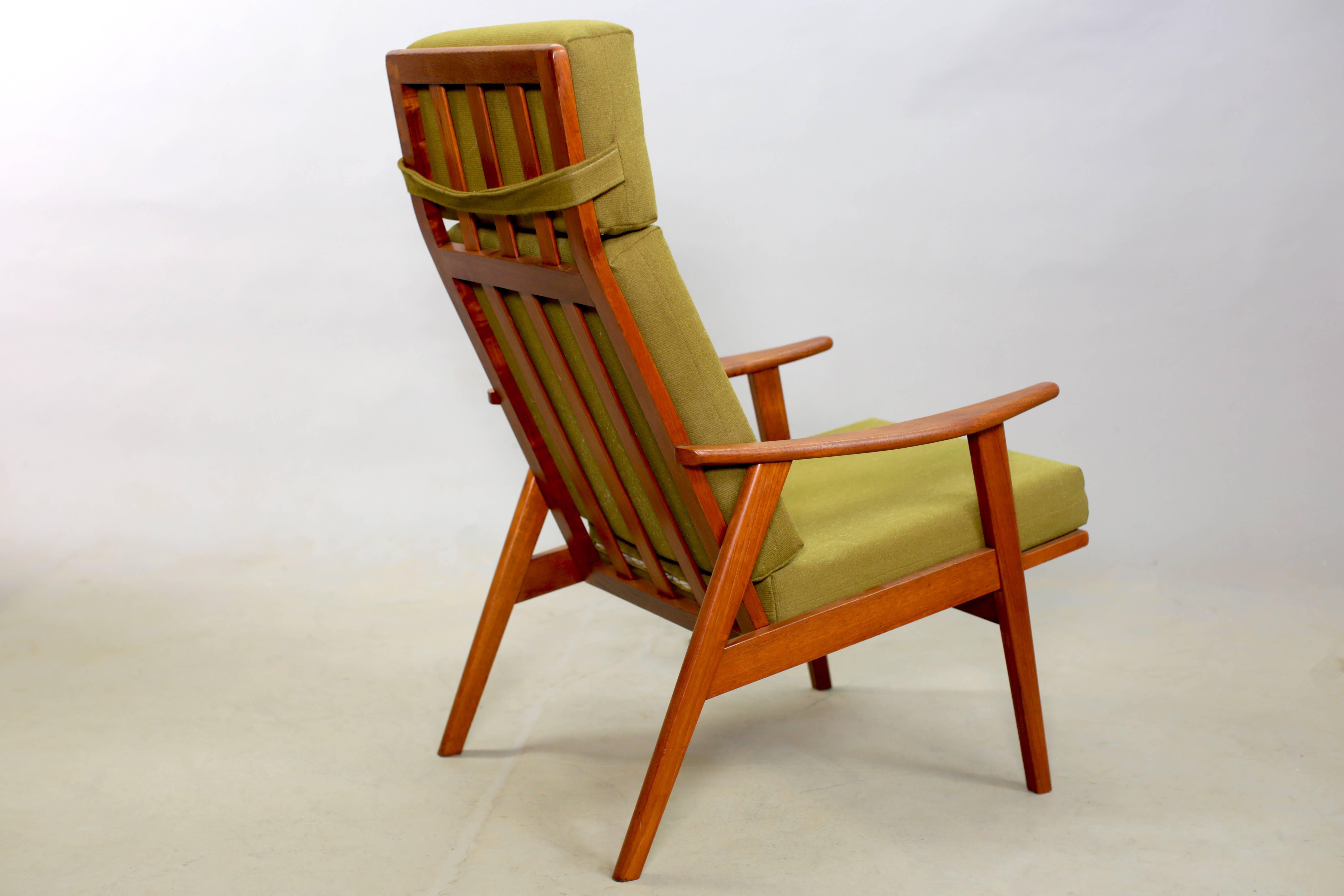 Oiled Danish Modern High Back Arm Chair (now in red fabric) For Sale