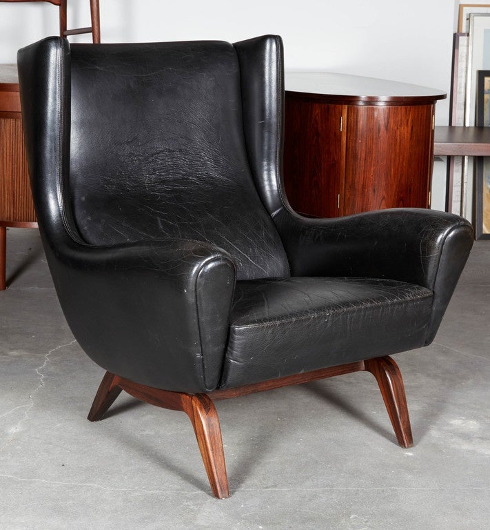 Scandinavian Modern Leather Wingback Chair by Illum Wikkelso