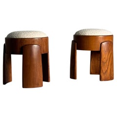 Sculptural Pair of Ash Wood Stools with Dedar Milano Bouclé Ivory by FORME