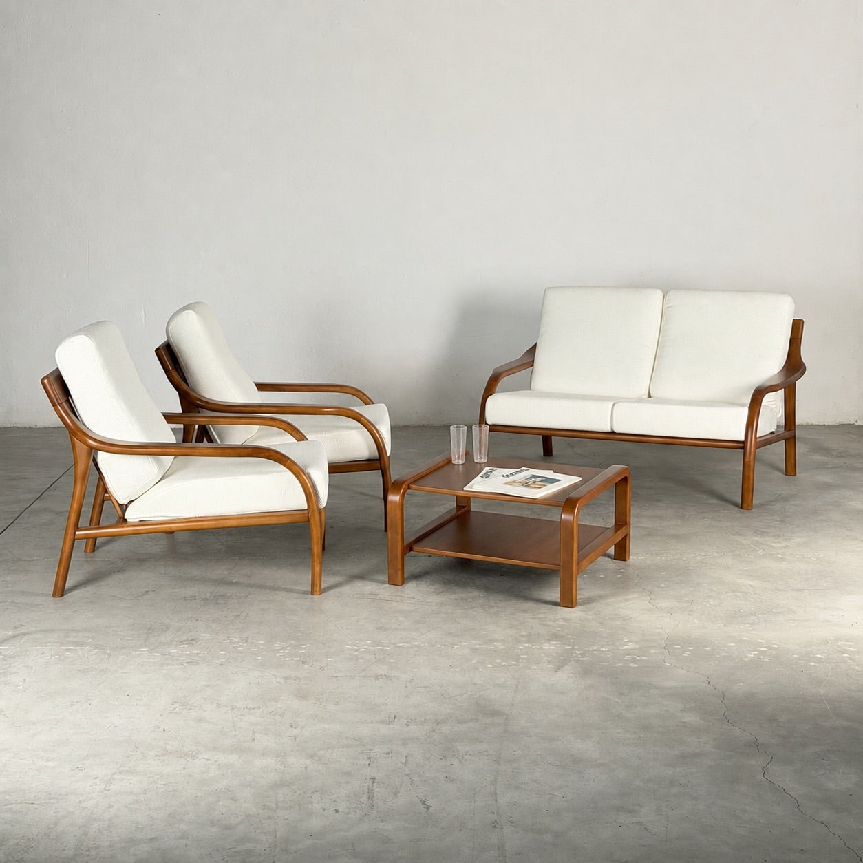 Italian Modernist Ash Wood Outdoor Lounge Set, 1970s, Fully Restored