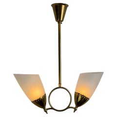 Swedish Grace Brass and Opaline Glass Two-Light Chandelier, 1930s–40s