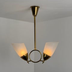 Swedish Grace Brass and Opaline Glass Two-Light Chandelier, 1930s–40s