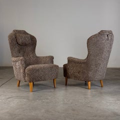 Carl Malmsten pour O.H. Fauteuil 'Farmor' de Sjögren en laine d'agneau grise, années 1950