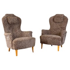 Carl Malmsten pour O.H. Fauteuil 'Farmor' de Sjögren en laine d'agneau grise, années 1950