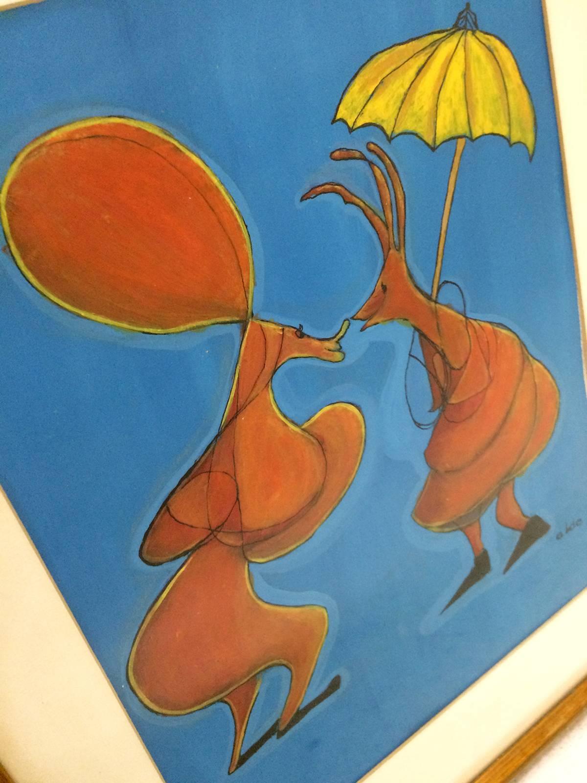 American Playful Caricatures of a Loving Couple, Signed Aldo