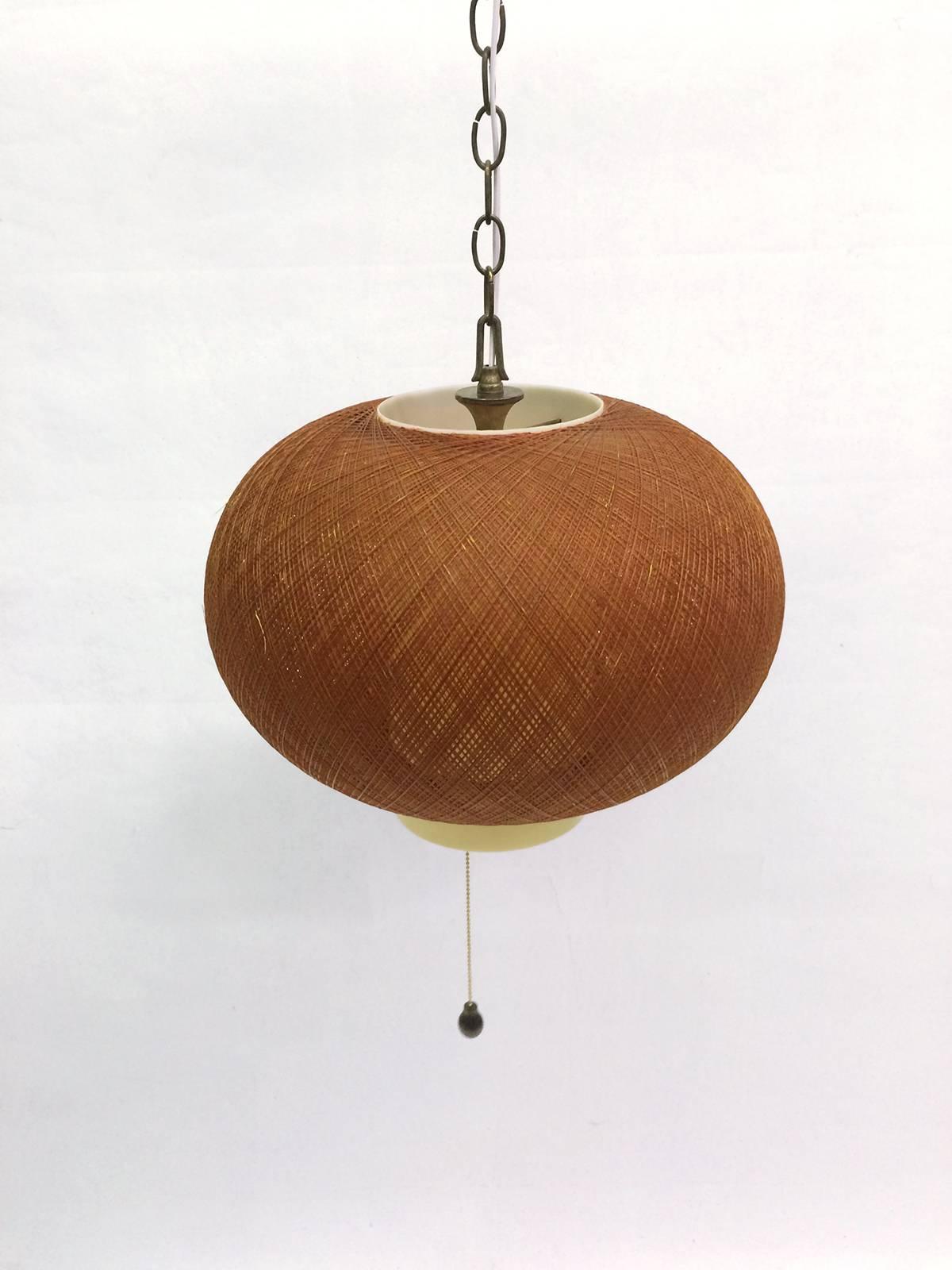 Mid-Century Modern Vintage Pendant with Amber Fiberglass and Plastic Shade